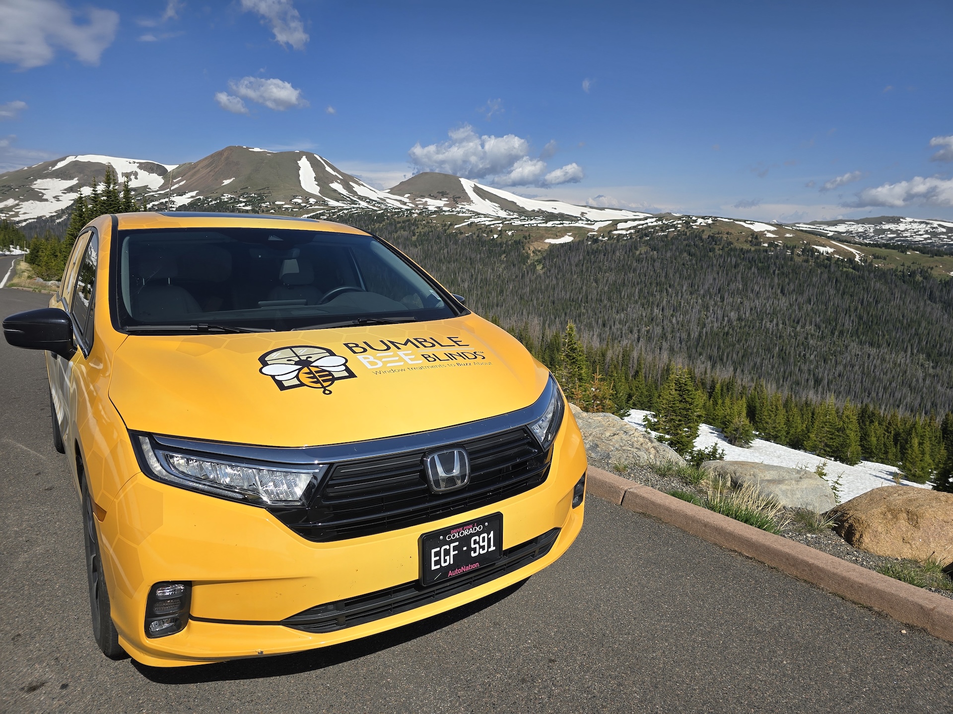 Bumble Bee Blinds of Boulder van in the mountains