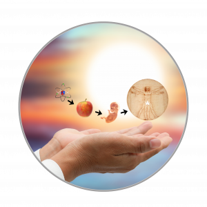 Atoms to Man image depicting how atoms work in biology in intelligent ways