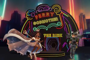 A 3D-rendered virtual scene showing a roller-skating fairy queen character named Ferry Godmother with a crown and scepter beside a futuristic anthropomorphic fox figure in tactical and accentuated camera gear. They stand in front of a neon-lit entrance si