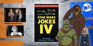 Banner image promoting the Life Day Launch Party presented by brooklynONE productions. The center features the book cover for Nerdy, Dirty, and Tasteless: Star Wars Jokes IV with bold yellow text. On the left are photos of hosts John Szeluga and Chris Sor