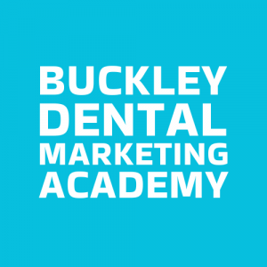 Logo for Buckley Dental Marketing Academy with a blue square with white words stacked vertically