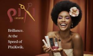 A smiling Black woman with natural hair and a flower in her hair holds a variety of beauty products in her hands. The PixiKwik logo and the tagline “Brilliance. At the Speed of PixiKwik.” appear beside her, representing the brand’s innovation in beauty su