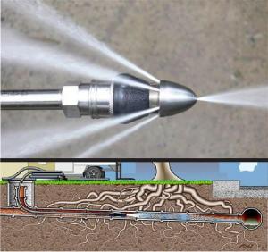 Graphic showing hydro jetting cleaning a pipe and breaking through obstructing tree roots.