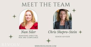 Headshots of Nan Siler and Chris Shepro-Stein, newly appointed leaders in Revolv’s Advisory Network of Payments and Fintech Experts. Nan Siler joins as Managing Director of Risk and Compliance, and Chris Shepro-Stein joins as Senior Advisor.