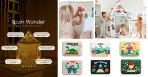 Image showing a calm lighting of the ZeeZee Adventures play tent. Also side column images showing customizable play tent with StickeeZ