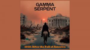 Gamma Serpent single cover depicting postapocalyptic world and black clothed cowboy