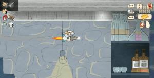 The player blasting through the basement on a rocket
