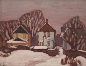 Lawren Harris oil on canvas painting of a house in winter