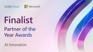 Graphic with text indicating UnifyCloud has been named Finalist for the 2025 Microsoft AI Innovation Partner of the Year Award