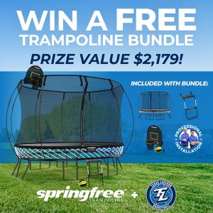 A graphic of a Springfree Trampoline with accessories with the copy: Win a free trampoline bundle; prize value $1,279. Springfree Trampoline & Texas Legends logos also included.