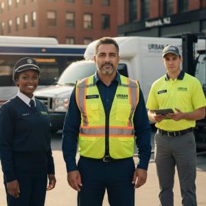 A diverse transportation crew in custom uniforms and safety apparel from Work Hard Dress Right, standing in front of fleet vehicles in Newark NJ, showcasing branded and industrial work uniforms.