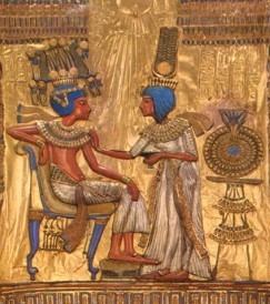 Shows an enlarged image and detail of Tutankhamen's chair