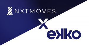 NXTMOVES and ekko partnership graphic featuring both company logos on a split navy and white background, symbolising their collaboration.