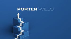 3D blue staircase with a white arrow zigzagging upward, symbolising growth and progress, next to the text ‘PORTER WILLS’ on a solid blue background.