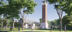 A rendering of Stetson University’s restored Hulley Tower. The rebuilt 116-foot tower will feature a 52-bell carillon, including the Sparton-sponsored Veterans Bell honoring generations of service.