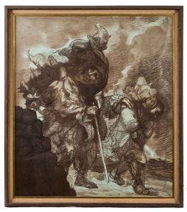 Drawing with conte crayon by Hyman Bloom (1913-2009) titled The Beggars, signed and dated 1954 and measuring 46 inches by 40 inches (sight, minus the frame). Estimate: $5,000-$10,000.