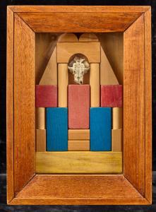 Wood construction and mixed media Portrait of the Artist by Varujan Boghosian (1926-2020), signed verso and dated 1963, 15 ¼ inches by 11 ¼ inches, with multiple exhibition labels. Estimate: $3,000-$6,000.