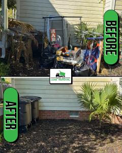 Before and after photo of a Charleston yard cleanup by Black Dog Junk Removal showing trash, boxes, and old items cleared to reveal a clean space.