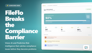 Screenshot of FileFlo’s Vision AI Compliance Platform showing a 92% compliance score, automated document tracking, and predictive risk insights for regulated industries.