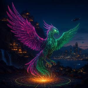 A digital phoenix rises in front of a cityscape with flying cars.
