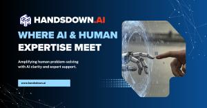 Human and robotic hands interacting within a digital environment, representing Handsdown.ai’s approach to combining AI guidance with human expertise.