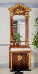 19th century Swedish Neoclassical gilt mahogany pier mirror and table labeled Petter Gustaf Bylander, with gilt architectural cornice, 106 inches tall by 33 ½ inches wide. Estimate: $6,000-$9,000.
