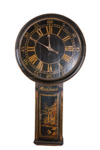 18th century tavern clock signed by John Monkhouse, with all original jappaning and lacquered wood, in all original good condition. Estimate: $4,000-$8,000.