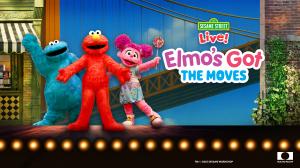 Elmo energetically dancing on stage at Sesame Street Live, surrounded by friends.