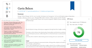 Screenshot of Upplai AI resume builder interface showing highlighted resume edits with explanations and ATS score panel for transparent resume optimization