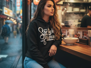 An attractive woman wearing the Sactown Famous pullover hoodie sits alone in a Japanese restaurant and remembers her hometown while traveling abroad.