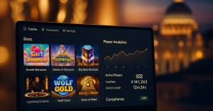Realistic iGaming dashboard UI showing player analytics and casino slots with Rome Cavalieri event backdrop at the EGR Italy Awards 2025.