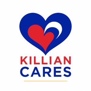 A Blue and Red Heart Image With the Text "Killian Cares" Underneath