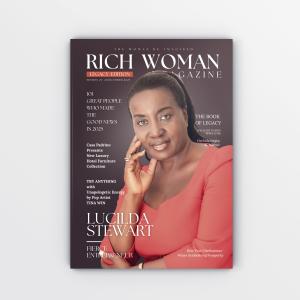 Rich Woman Magazine December 2025 Legacy Edition cover featuring Lucilda Stewart in coral blazer against brown background, with headline "101 Great People Who Made the Good News in 2025"