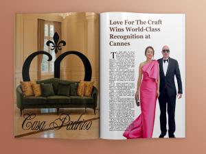Magazine spread featuring Casa Padrino luxury furniture room with green velvet sofa and fleur-de-lis wall art on left page, article headline "Love For The Craft Wins World-Class Recognition at Cannes" with photo of couple in formal attire on right page