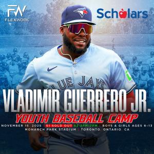 Vladimir Guerrero Jr. of the Toronto Blue Jays is holding a Youth Baseball Camp in Toronto Saturday November 15 for youth ages 6-13. Scholars Education is sponsoring the event.