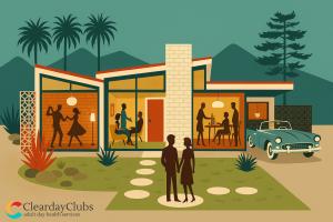 A mid-century modern illustration of a house with people socializing inside and a couple standing outside in the front yard. A vintage blue car is parked on the right.