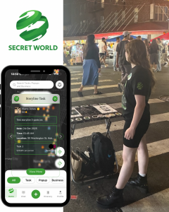 A person wearing a Secret World T-shirt stands at a nighttime street market while the app interface displays a live task map — symbolizing the link between real-world hustles and digital discovery.