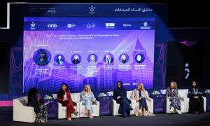 Panel of women leaders speaking at the Creative Women Forum Saudi Arabia 2025 in Riyadh, discussing innovation, empowerment, and sustainability.