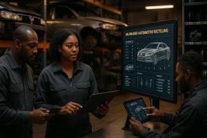 Automotive professionals in Milwaukee using AI-driven technology for inventory and workforce development at Select Auto Parts.