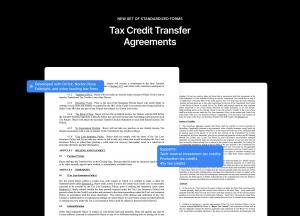 This image shows 2 legal document page examples on a black background. At the top, the headline reads "New set of standardized forms: tax credit transfer agreements"