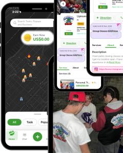 Three young men setting up a pop-up boxing class, one wearing a branded UpInSmoke Boxing shirt, with the Secret World app interface displaying live listings and pricing.