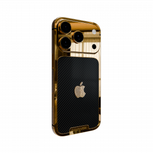 24K Gold iPhone 17 Pro Max Carbon Diamond edition by Goldgenie, featuring real VS1 diamonds in Apple logo and bezel, limited to 99 pieces worldwide.