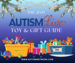 Festive toys and lights on a blue background text reads The 2025 Autism Live Toy & Gift Guide www.autismnetwork.com