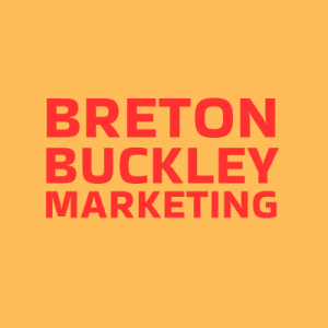 Logo of Breton Buckley Marketing LLC with the name Breton Buckley Marketing in red on an orange, square field with the words stacked vertically.