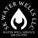Black-and-white SK Water Wells LLC logo featuring a water droplet with a wrench inside, surrounded by the company name and phone number