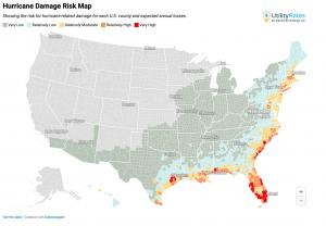 US Map Showing the risk for hurricane-related damage for each U.S. county and expected annual losses