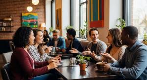 group of people chatting in a shop