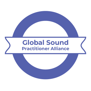 Global Sound Practitioner Alliance Logo - Blue circle with banner in the center, logo for the organization orchestrating the Sound & Energy Healer of the Year Contest