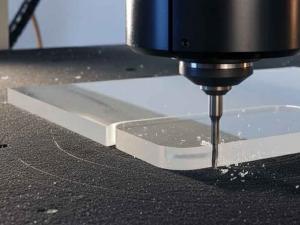 CNC router cutting an acrylic sheet, producing clean edges.