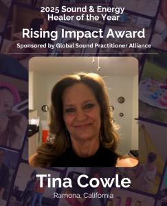 Portrait of Tina Cowle, winner of the 2025 Sound & Energy Healer of the Year – Rising Impact Award, sponsored by the Global Sound Practitioner Alliance. Tina is smiling confidently in a healing studio space, representing Ramona, California. Background inc